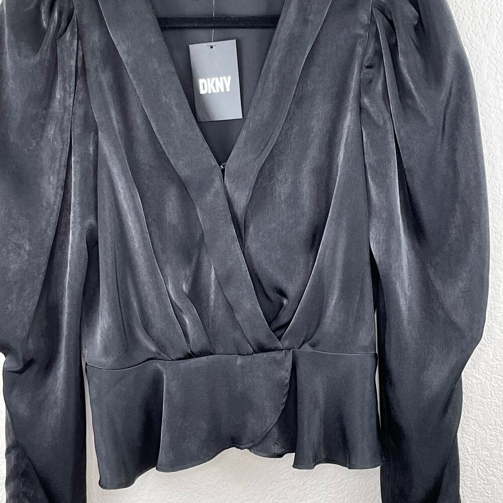 DKNY Black Satin Peplum Blouse V-Neck Long Puff Sleeve Evening Party XS NWT - Picture 7 of 13